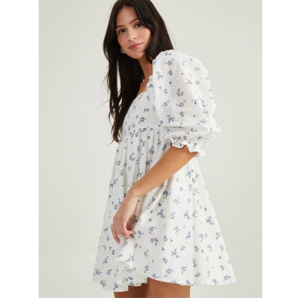 Altar'd State White Puff Sleeve Blue Floral Mini Sundress Baby Doll Cottage Core